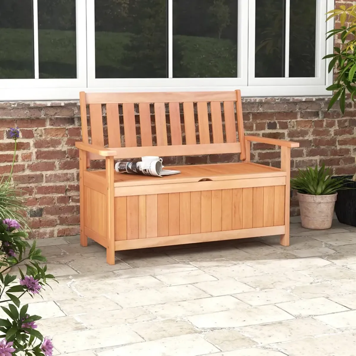 48 Inch Patio Wood Storage Bench with Slatted Backrest