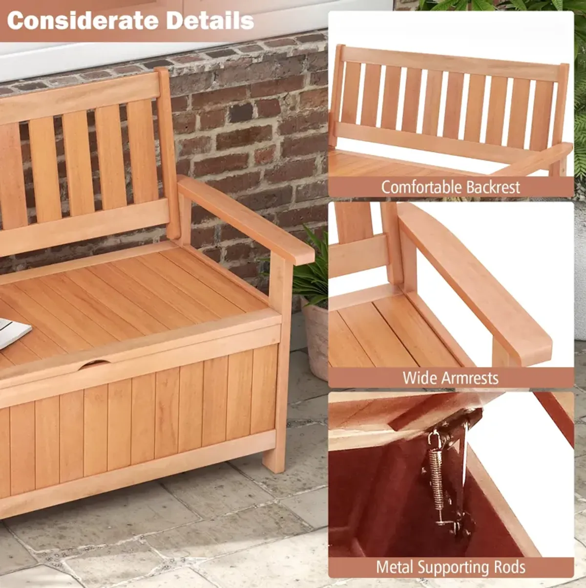 48 Inch Patio Wood Storage Bench with Slatted Backrest