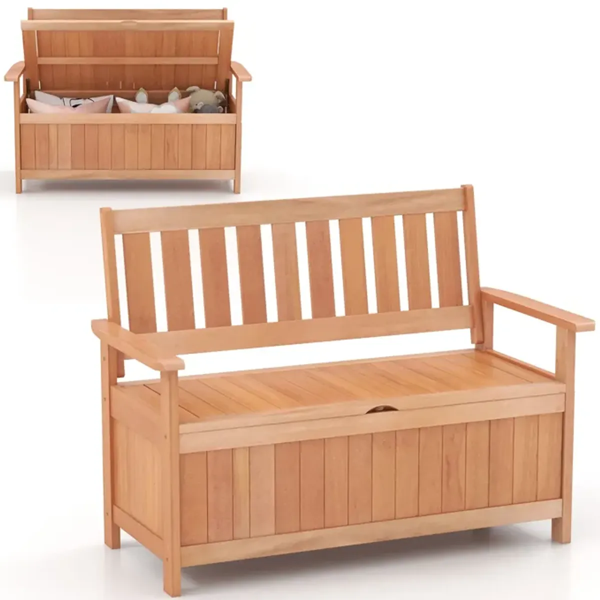 48 Inch Patio Wood Storage Bench with Slatted Backrest