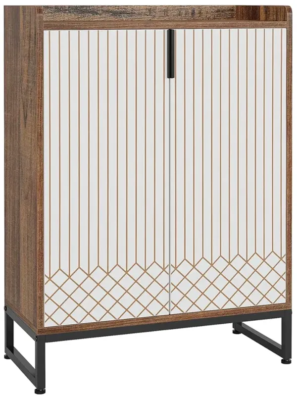 Shoe Cabinet Console, Gold Strip Doors, 5 Shelves, 41 Inch Brown White - Benzara