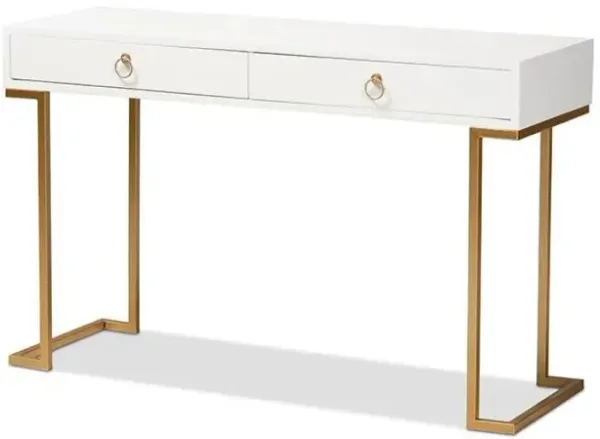 White Finished Wood and Gold Metal 2-Drawer Console Table