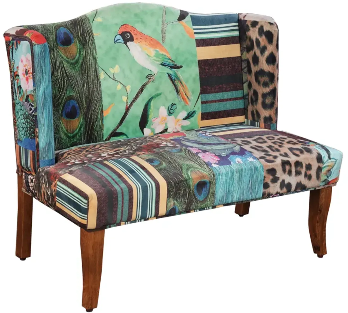 46 Inch Settee Loveseat Bench, Handcrafted Wingback Design, Bird Collage Print Velvet Fabric, Multicolor - Benzara