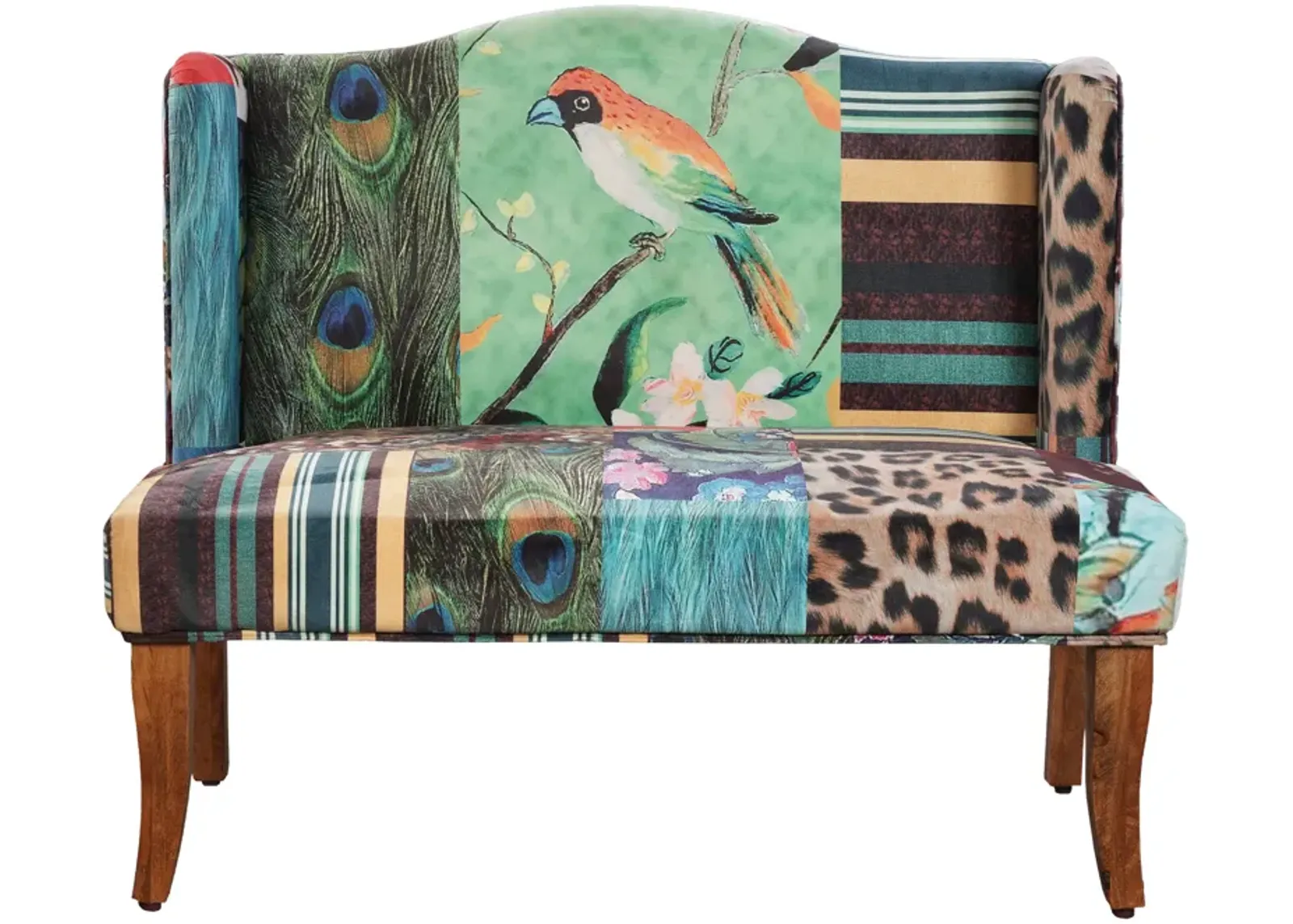 46 Inch Settee Loveseat Bench, Handcrafted Wingback Design, Bird Collage Print Velvet Fabric, Multicolor - Benzara