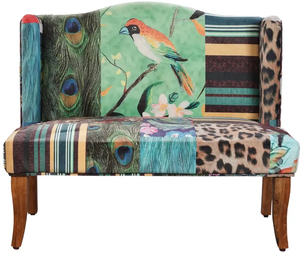 46 Inch Settee Loveseat Bench, Handcrafted Wingback Design, Bird Collage Print Velvet Fabric, Multicolor - Benzara