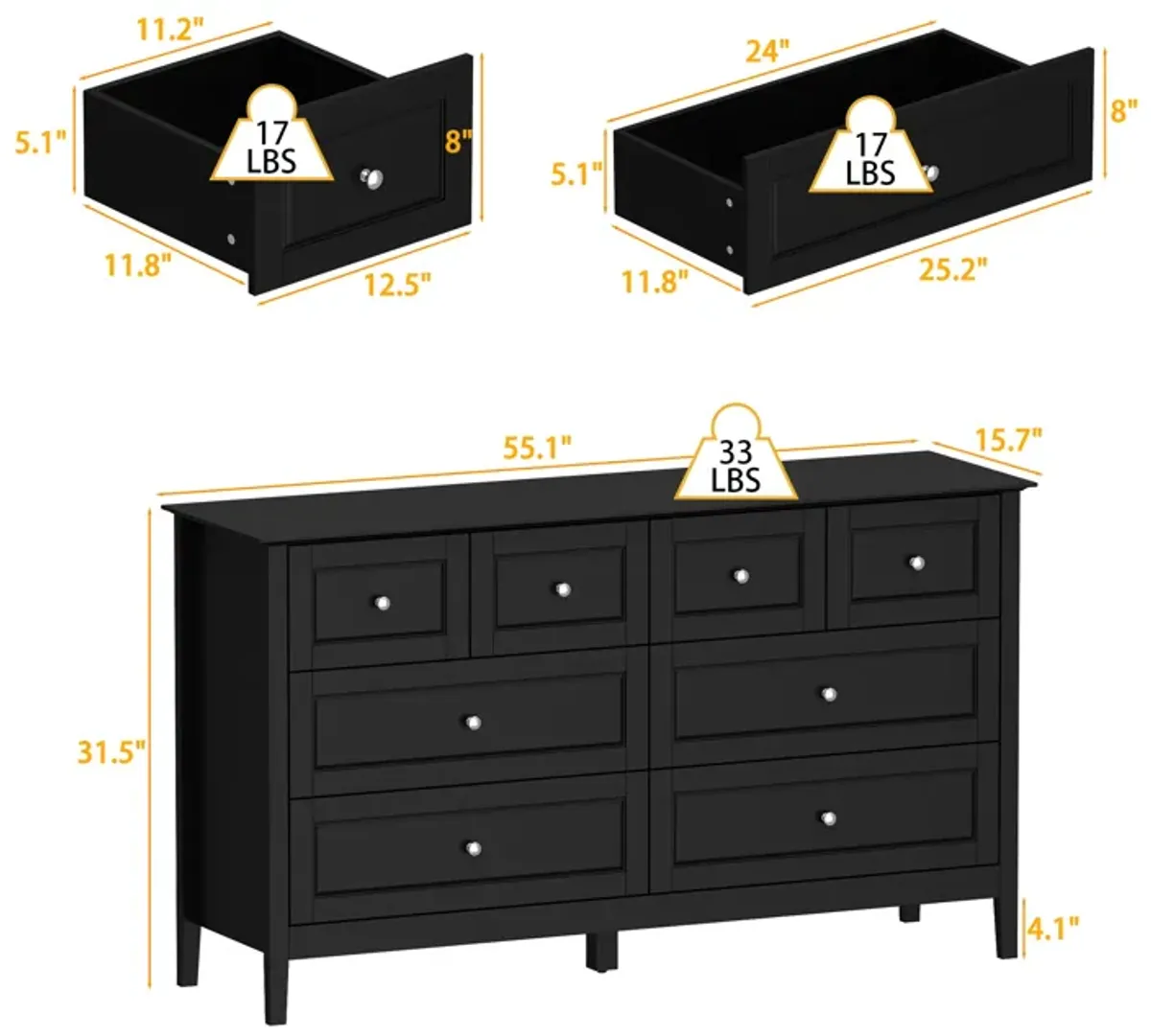 FUFU&GAGA Modern 8-Drawer Dresser with Sleek Design and Ample Storage (55.1" W x 31.5" H x 15.7" D),Black