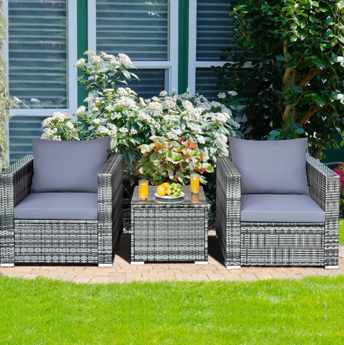 3 Pcs Patio Rattan Furniture Bistro Sofa Set with Cushioned