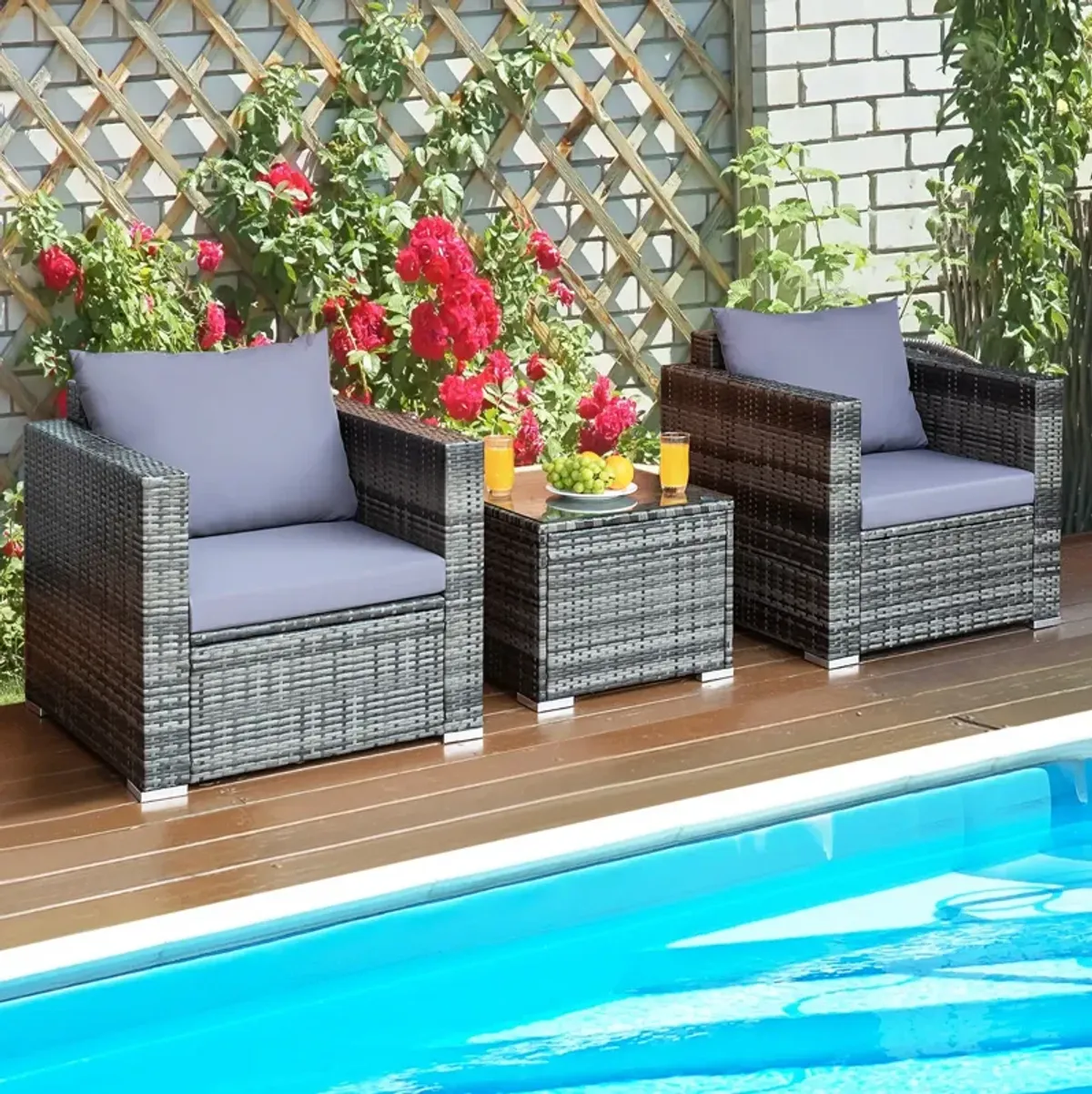 3 Pcs Patio Rattan Furniture Bistro Sofa Set with Cushioned