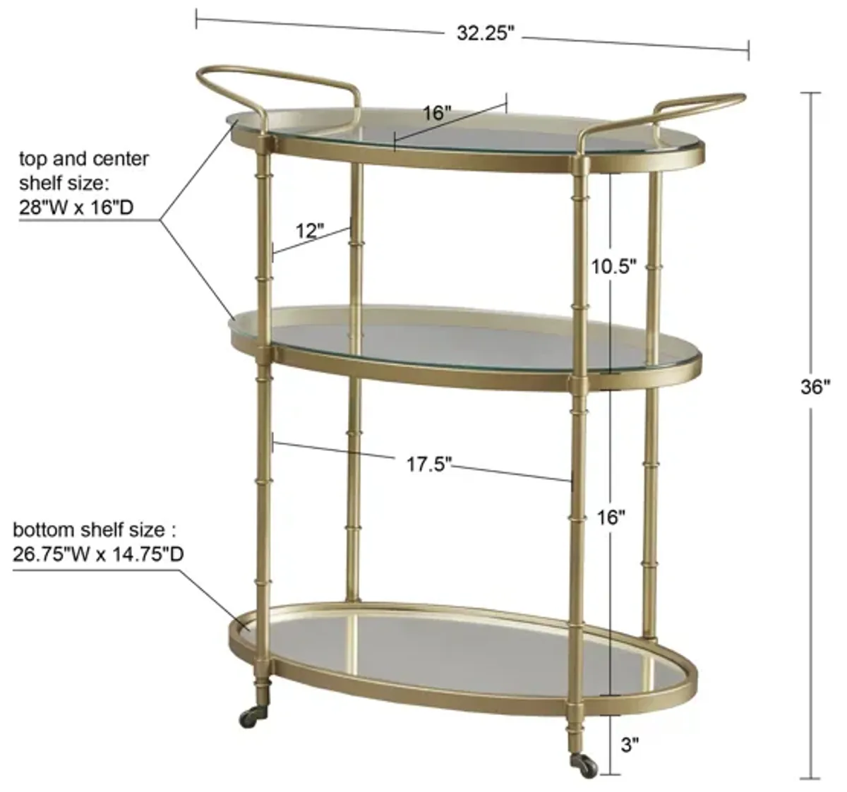 Gracie Mills Virginia Chic Rolling Beverage Cart with Glass Shelves