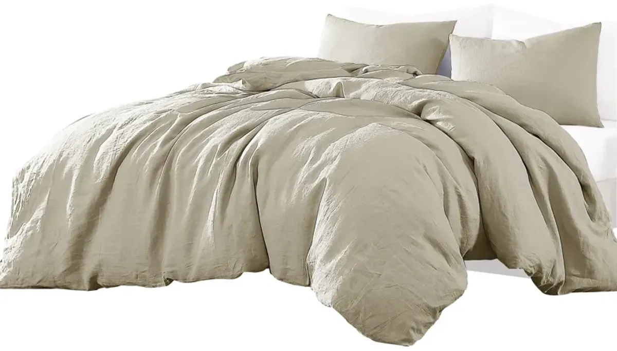 Edge 4 Piece King Size Duvet Comforter Set, Washed Linen, Oatmeal Beige - Benzara