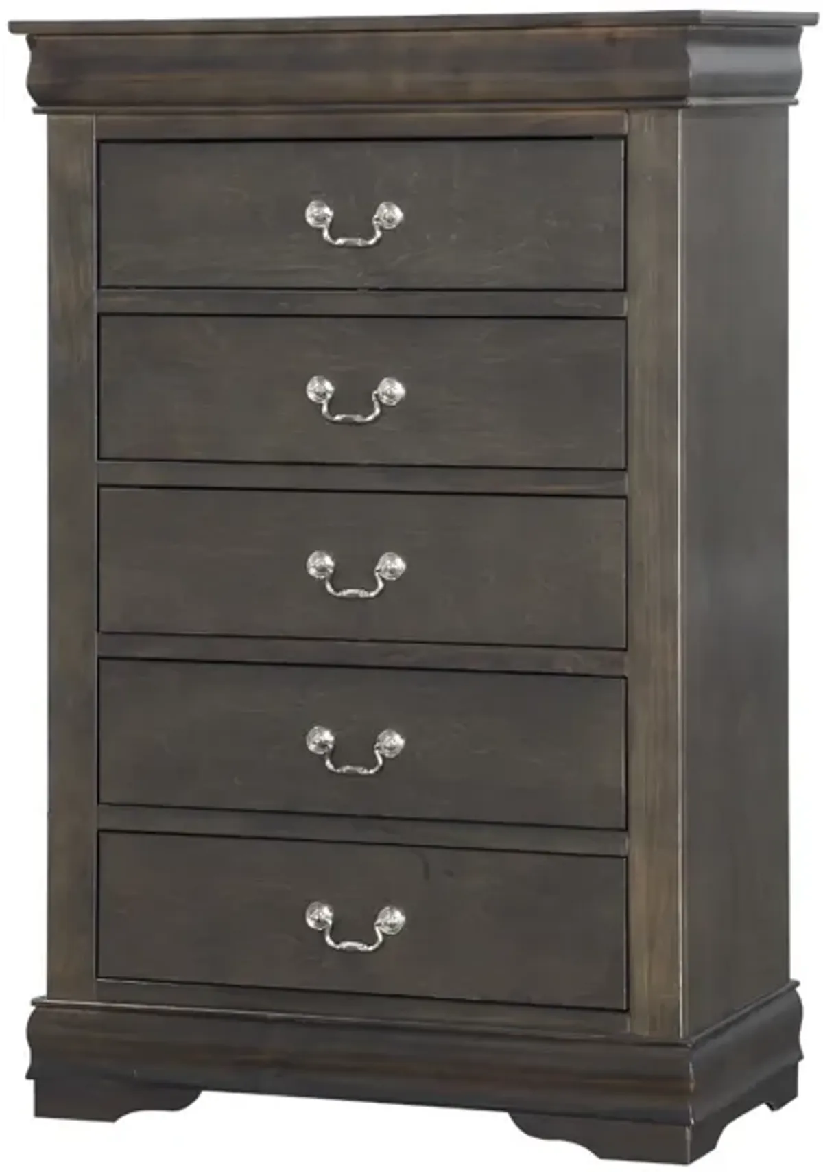 Traditional Style Five Drawer Wooden Chest with Bracket Base, Dark Gray-Benzara