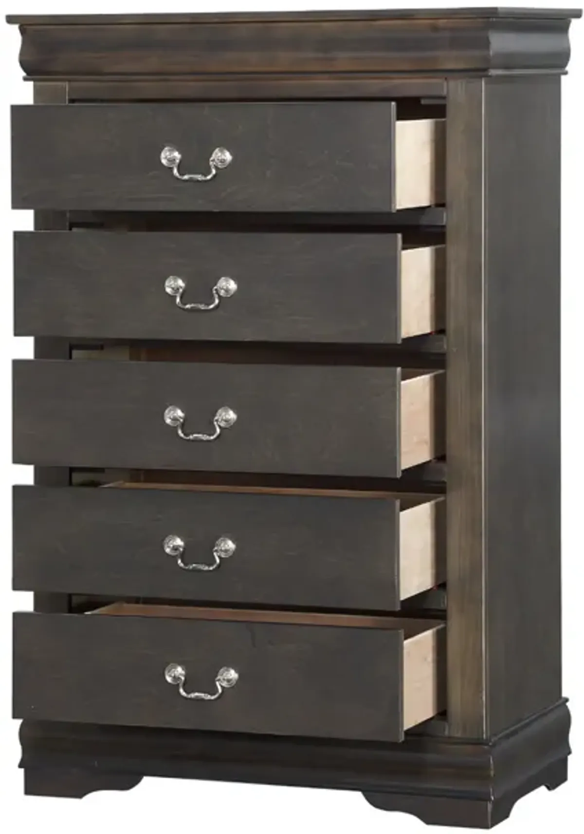 Traditional Style Five Drawer Wooden Chest with Bracket Base, Dark Gray-Benzara