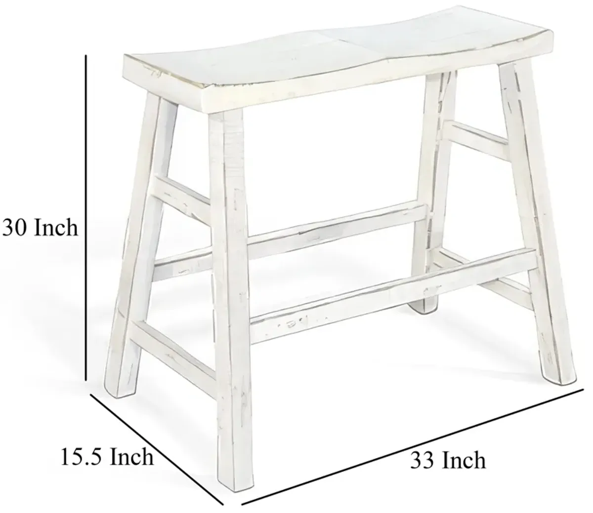 Rena Bar Height Bench, 33 Inch Rustic White Sand Mahogany Wood Frame - Benzara