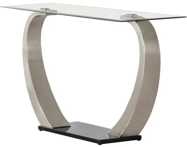 Floating Tempered Glass Top Sofa Table with Metal Support, Clear and Silver-Benzara