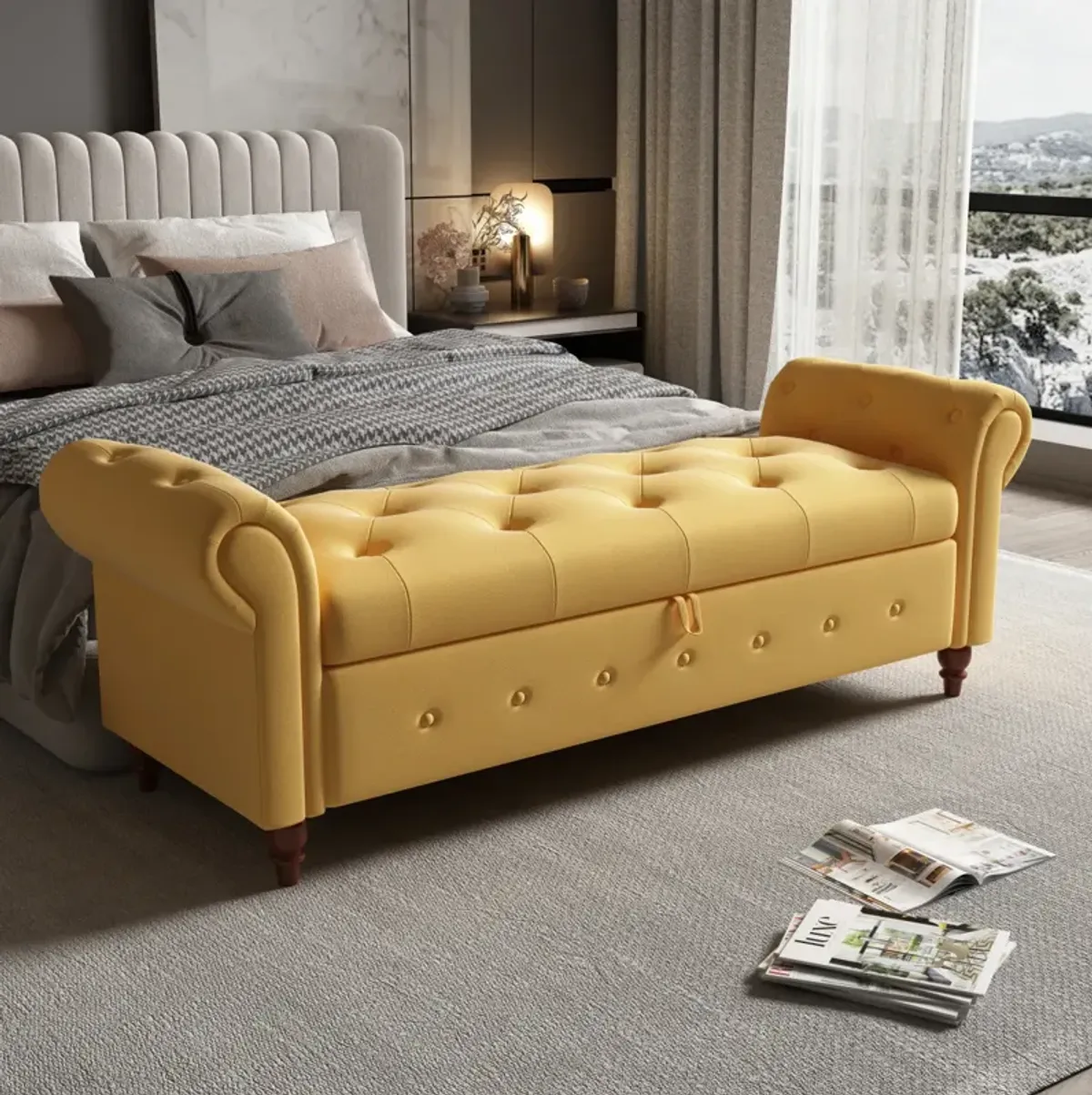 63" Bed Bench Yellow Fabric