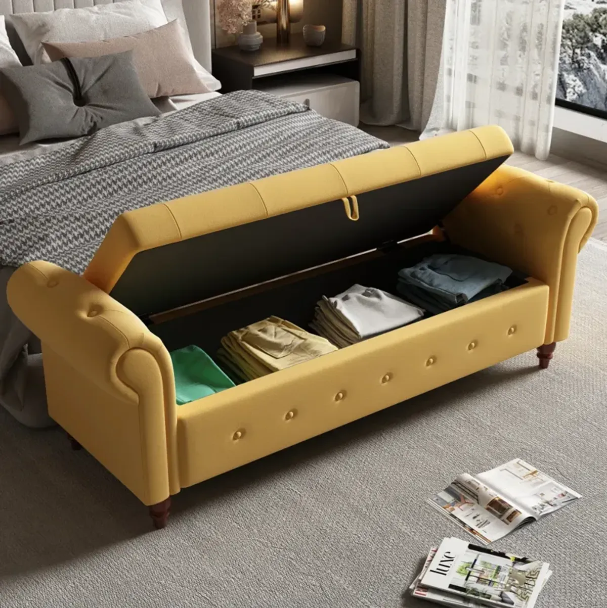 63" Bed Bench Yellow Fabric