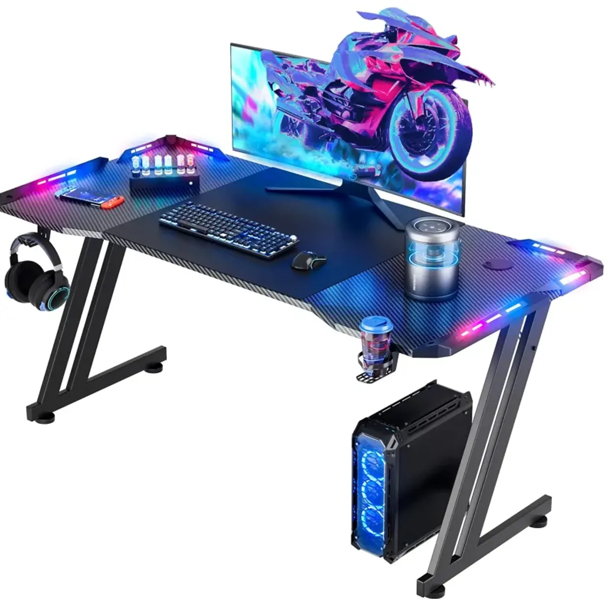 HLDIRECT 47 Inch Gaming Desk with LED Lights Carbon Fibre Surface Gaming Table Large Computer Desk Ergonomic Home Office Desks Z