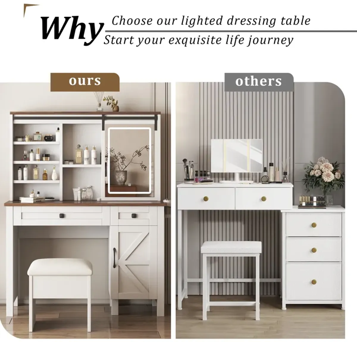 Large Vanity Desk with Lighted Sliding Mirror, Charging Station, Shelves & Drawers