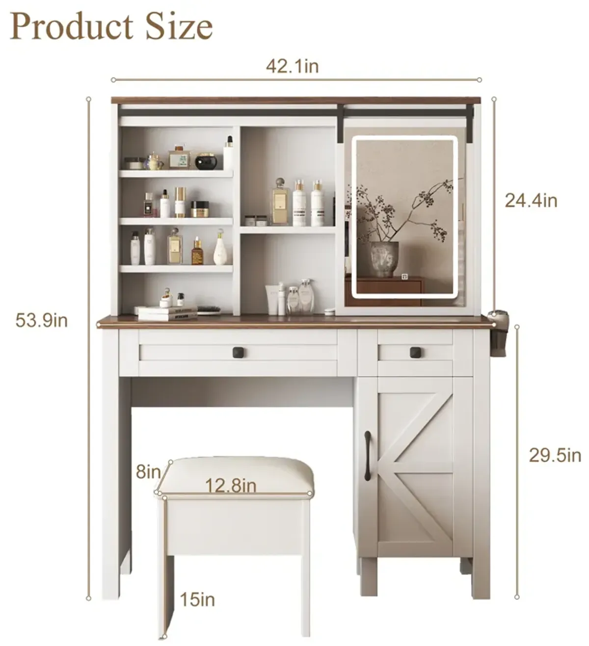 Large Vanity Desk with Lighted Sliding Mirror, Charging Station, Shelves & Drawers