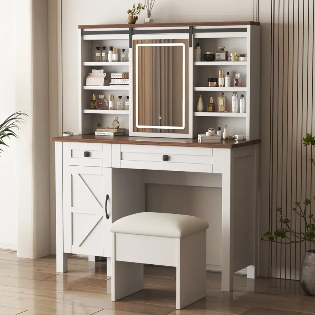 Large Vanity Desk with Lighted Sliding Mirror, Charging Station, Shelves & Drawers
