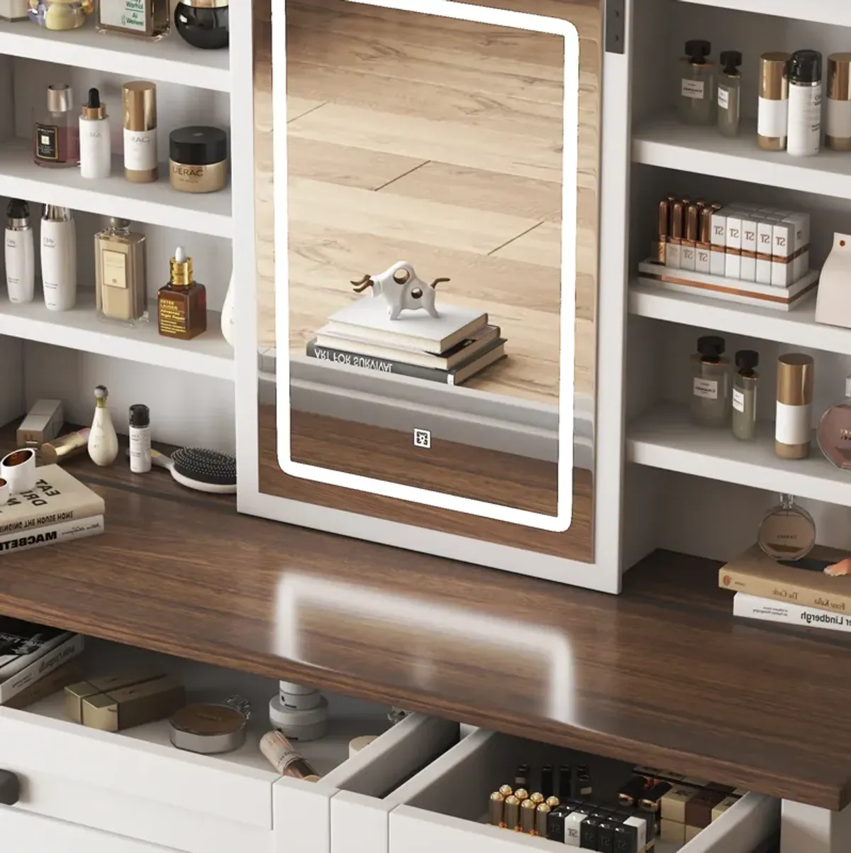 Large Vanity Desk with Lighted Sliding Mirror, Charging Station, Shelves & Drawers