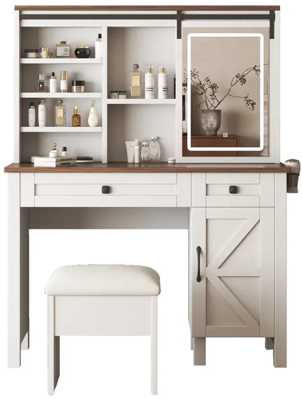 Large Vanity Desk with Lighted Sliding Mirror, Charging Station, Shelves & Drawers