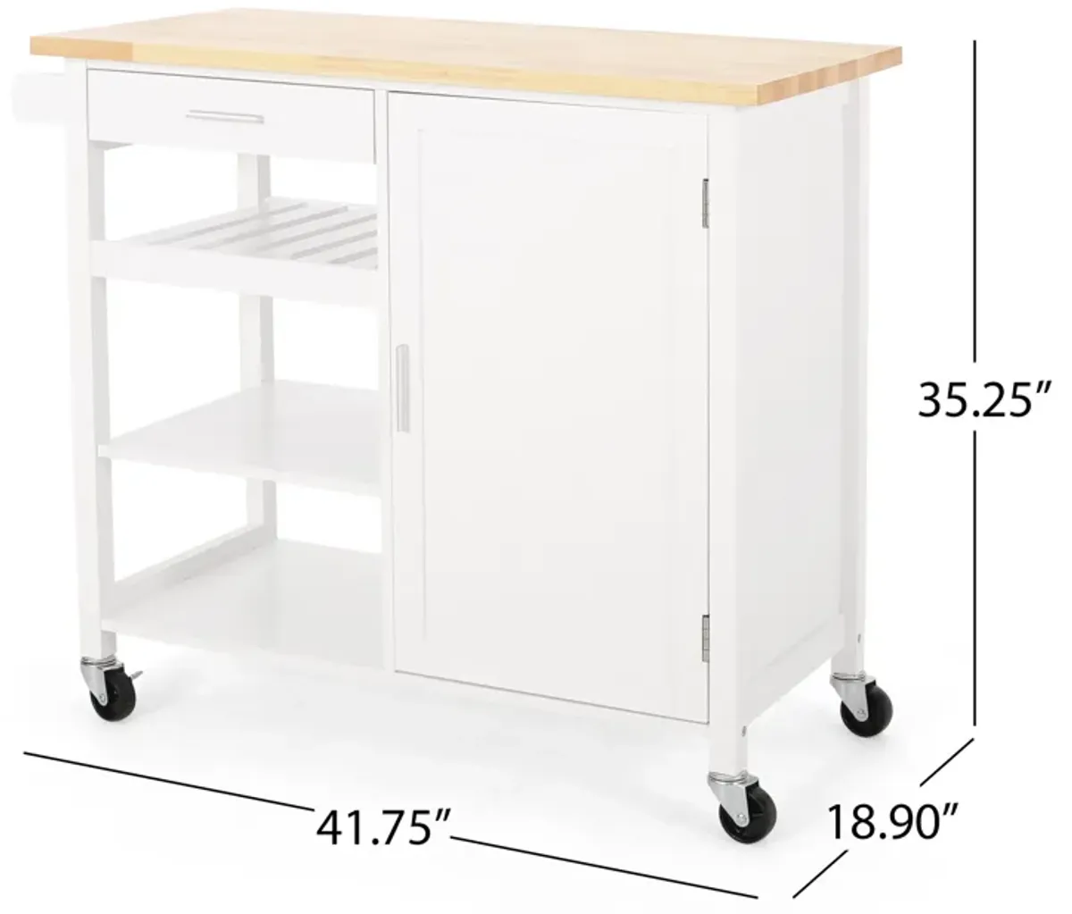 Alex Rolling Kitchen Island Bar Cart with Shelves, Brown Wood, White - Benzara