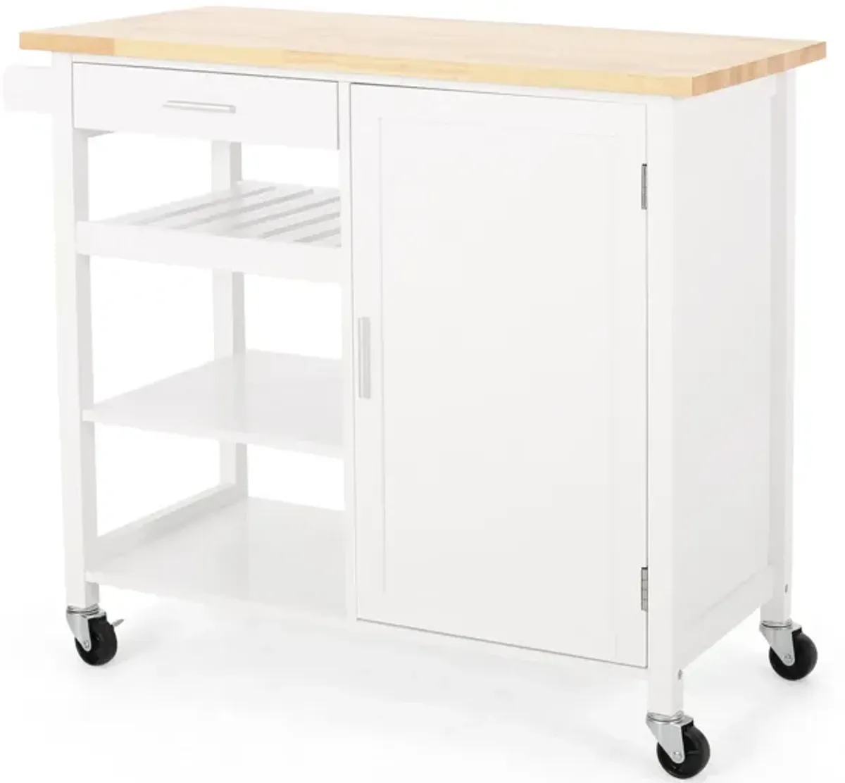 Alex Rolling Kitchen Island Bar Cart with Shelves, Brown Wood, White - Benzara