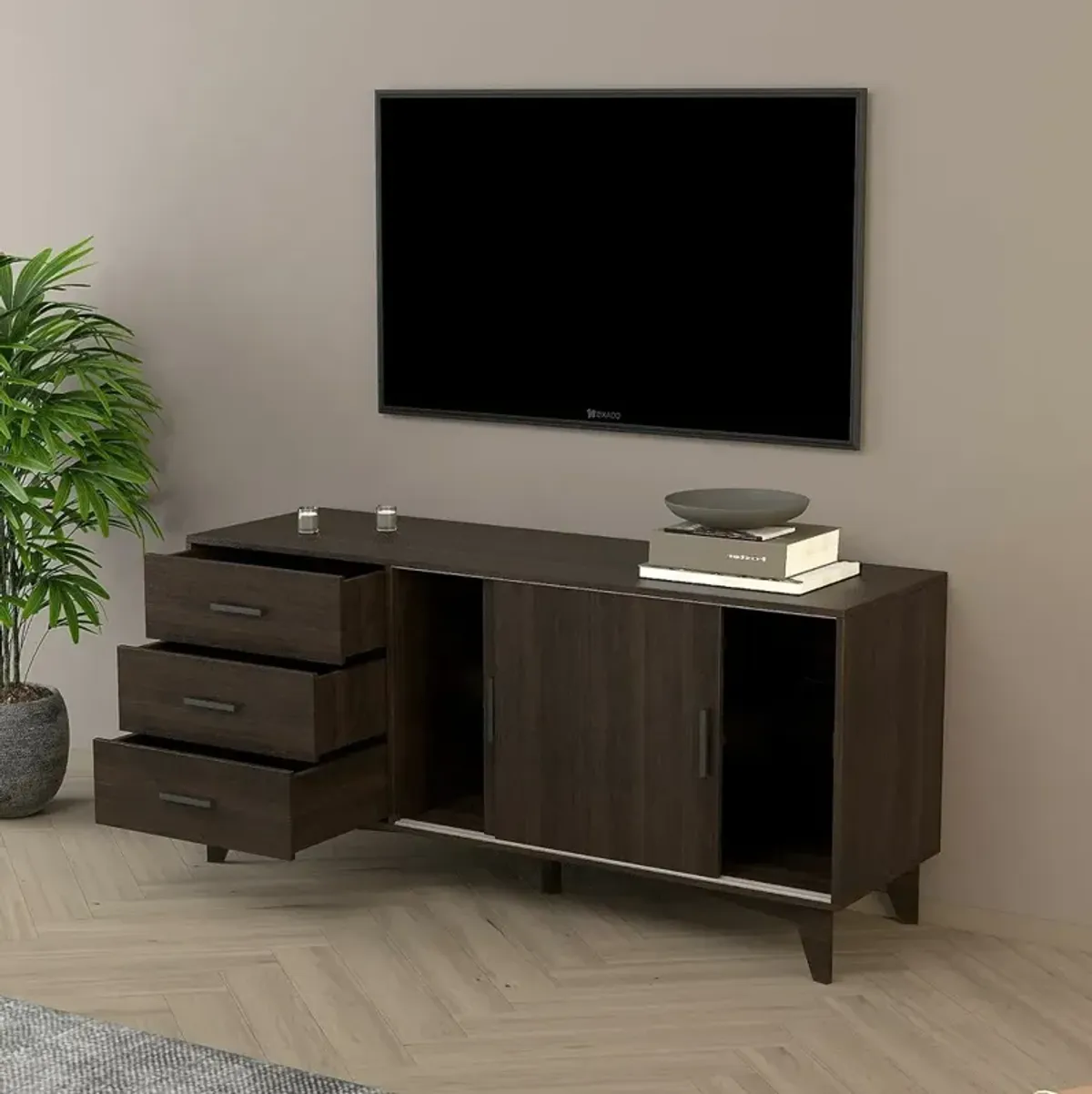 FC Design Klair Living TV Stand with Sliding Doors and Drawers in Dark Brown