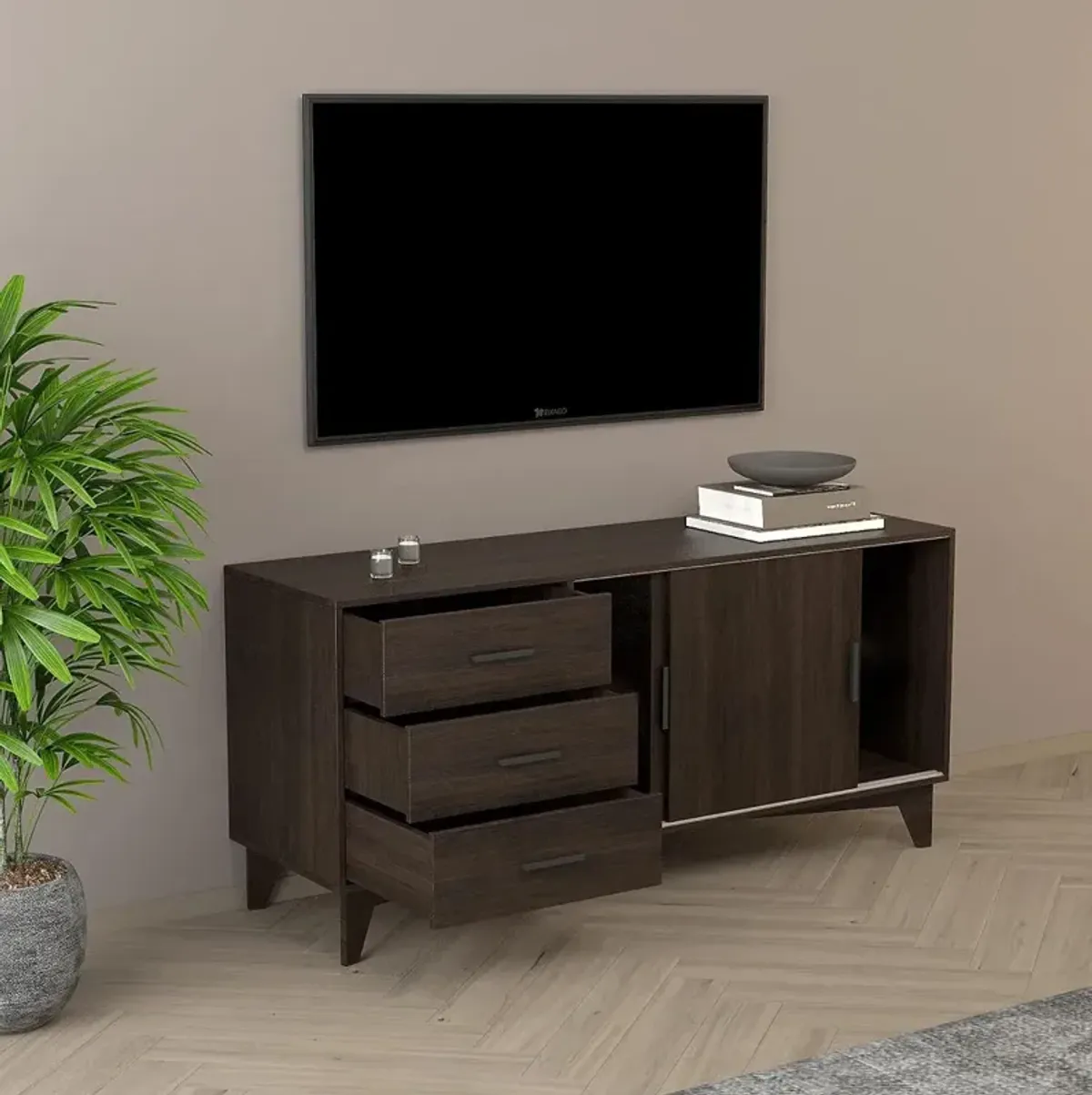 FC Design Klair Living TV Stand with Sliding Doors and Drawers in Dark Brown