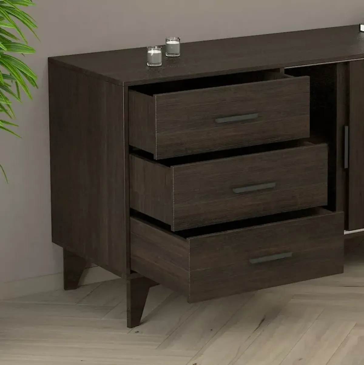 FC Design Klair Living TV Stand with Sliding Doors and Drawers in Dark Brown