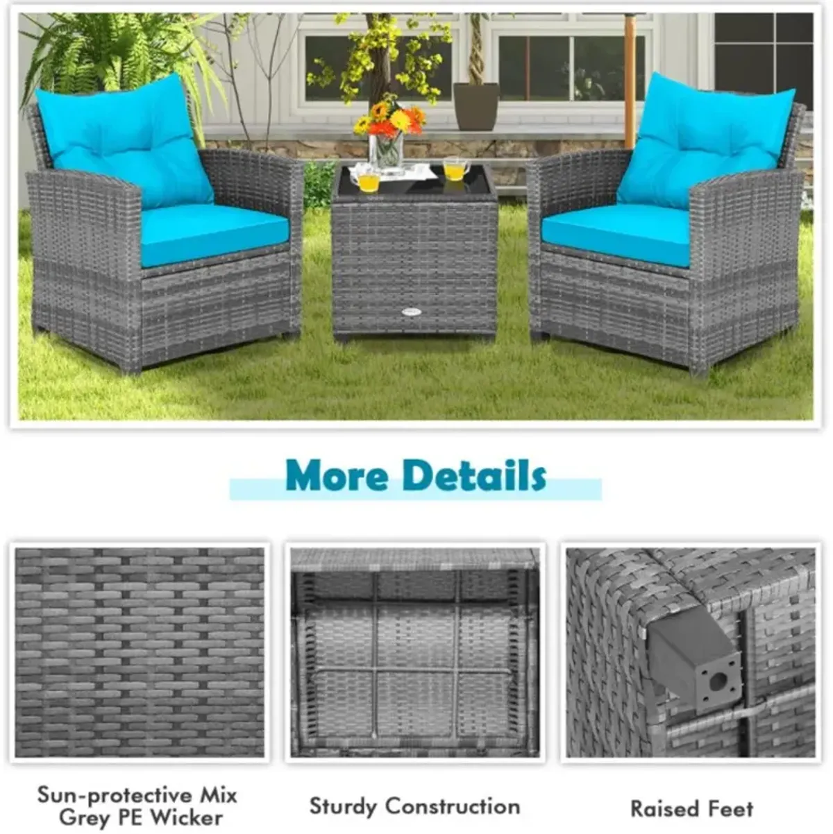 Hivvago 3 Pieces Outdoor Wicker Conversation Set with Tempered Glass Tabletop