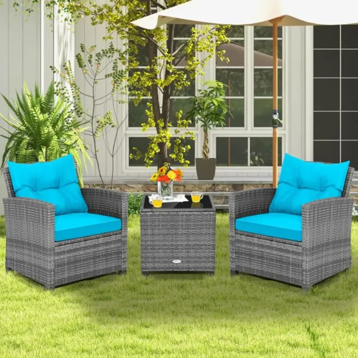 Hivvago 3 Pieces Outdoor Wicker Conversation Set with Tempered Glass Tabletop