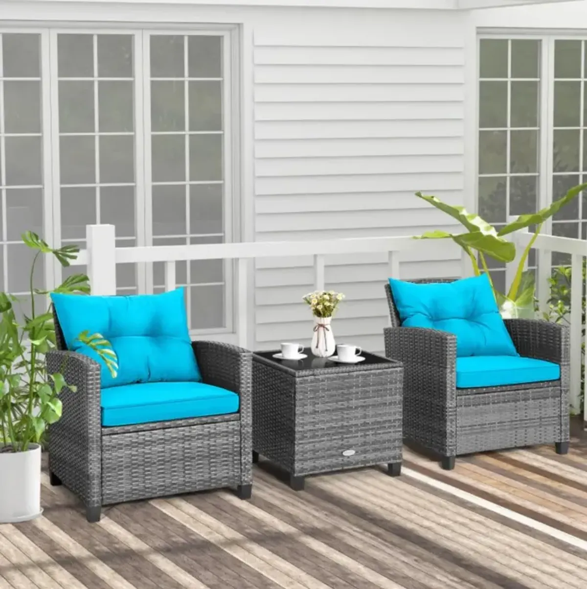 Hivvago 3 Pieces Outdoor Wicker Conversation Set with Tempered Glass Tabletop