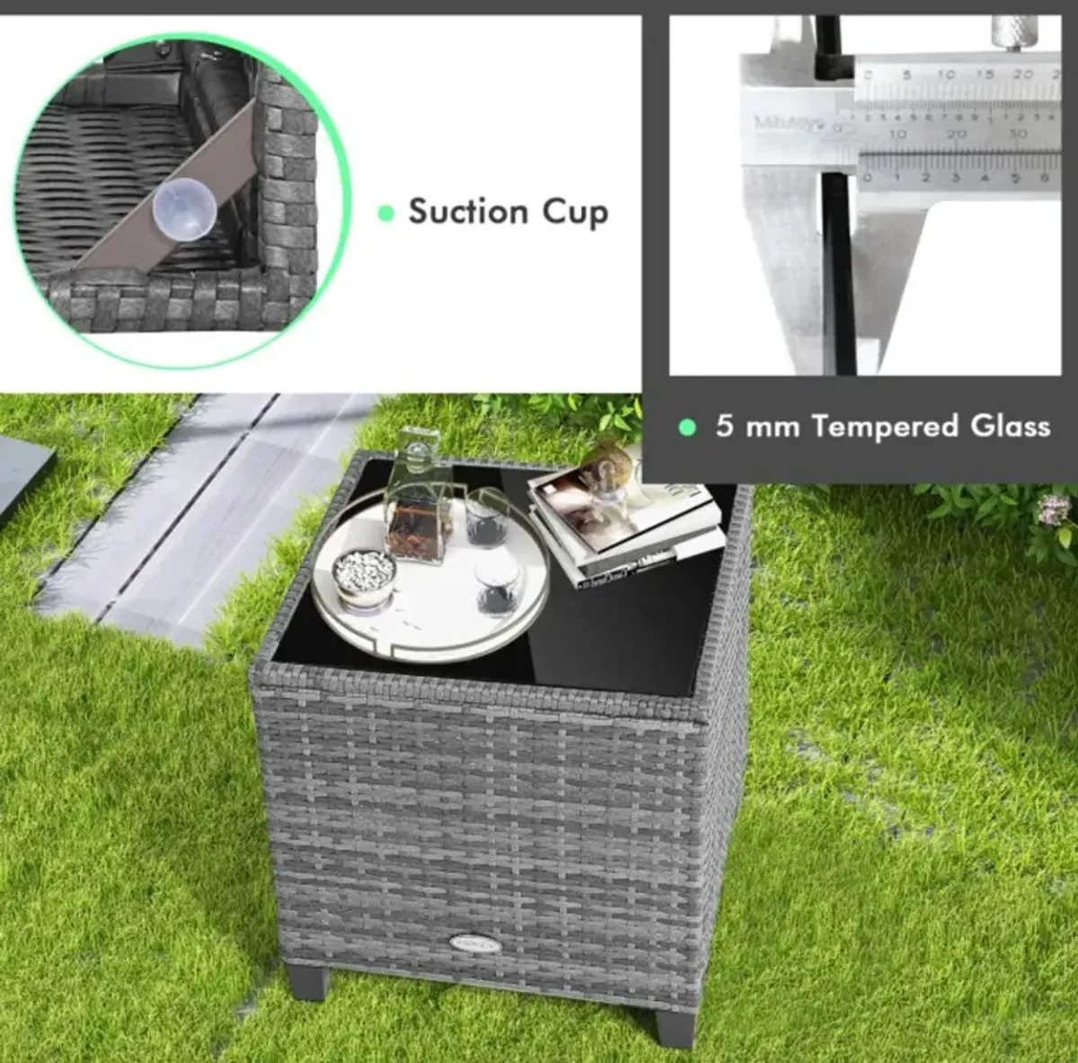 Hivvago 3 Pieces Outdoor Wicker Conversation Set with Tempered Glass Tabletop