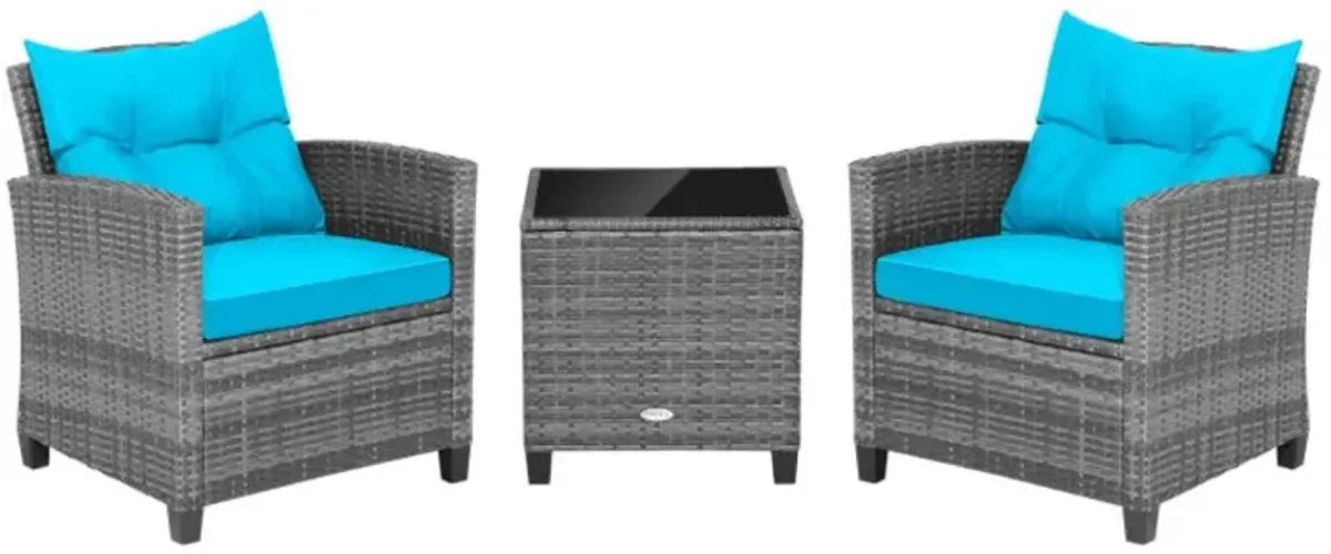 Hivvago 3 Pieces Outdoor Wicker Conversation Set with Tempered Glass Tabletop