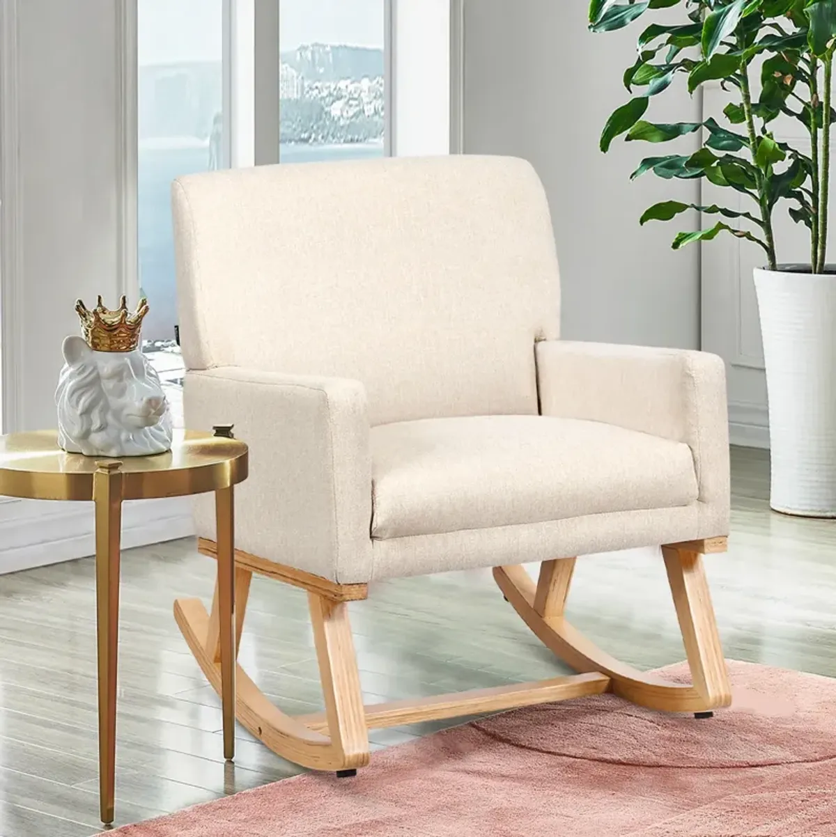 Upholstered Rocking Chair with and Solid Wood Base