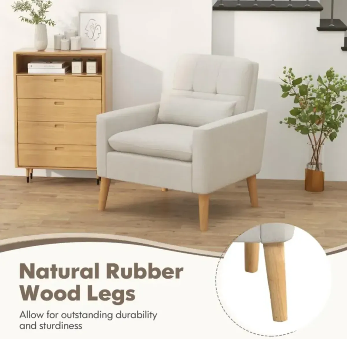 Hivvago Accent Chair with Lumbar Pillow  Natural Rubber Wood Legs  Padded Cushions