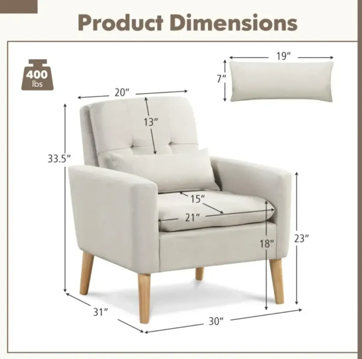 Hivvago Accent Chair with Lumbar Pillow  Natural Rubber Wood Legs  Padded Cushions