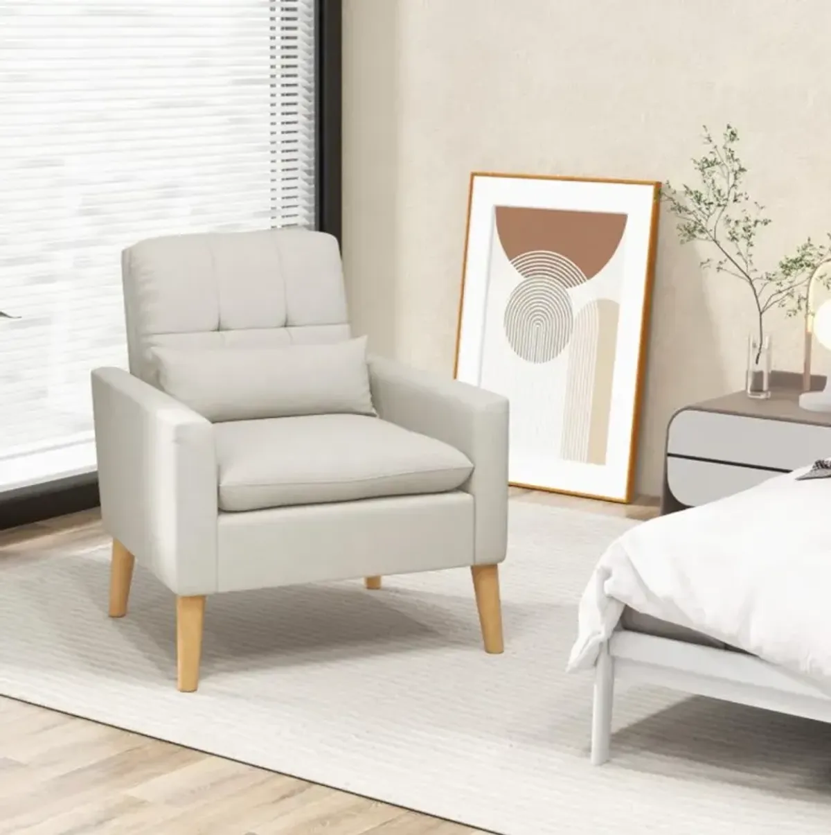 Hivvago Accent Chair with Lumbar Pillow  Natural Rubber Wood Legs  Padded Cushions