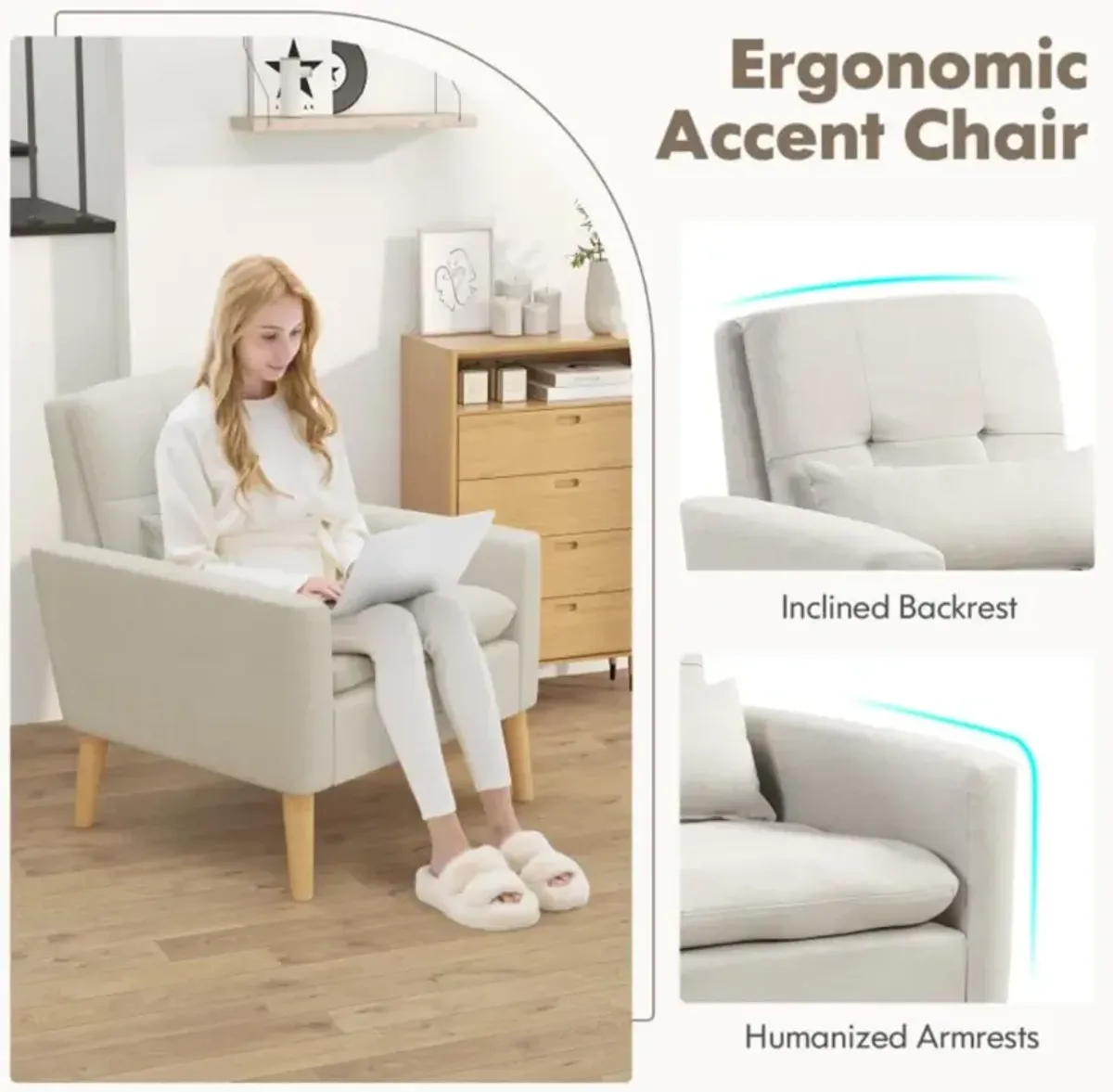 Hivvago Accent Chair with Lumbar Pillow  Natural Rubber Wood Legs  Padded Cushions