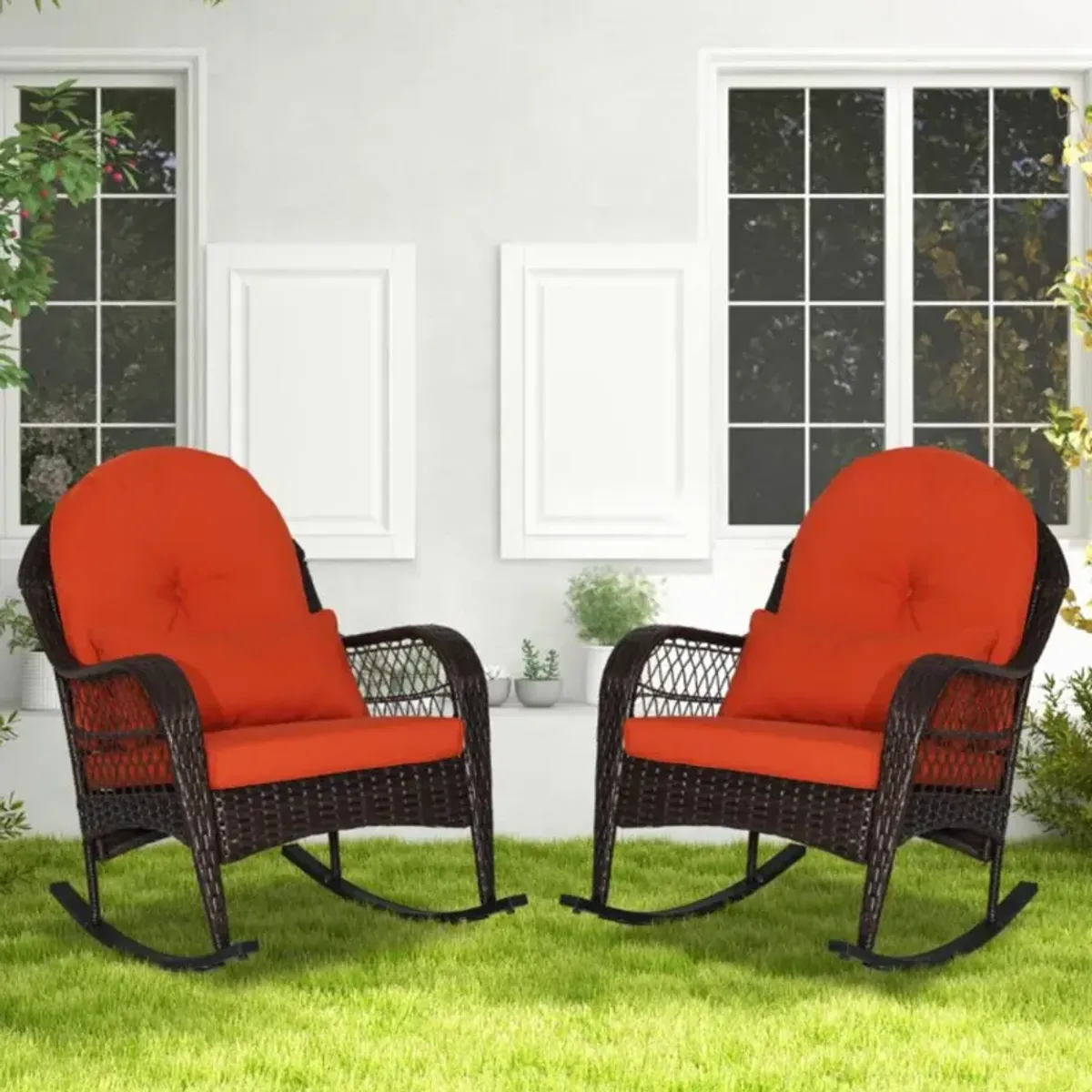 Hivvago Patio Rattan Rocking Chair with Seat Back Cushions and Waist Pillow