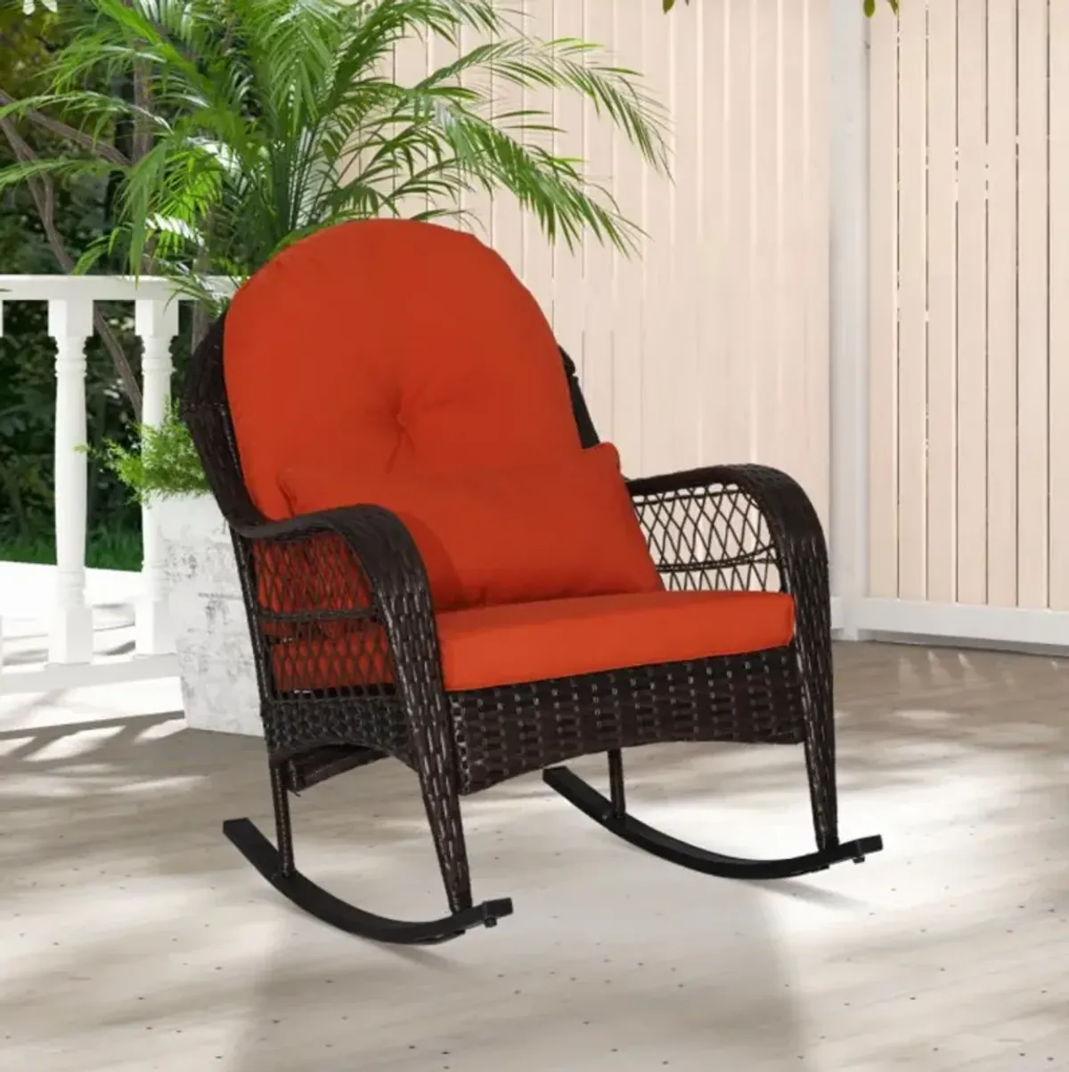 Hivvago Patio Rattan Rocking Chair with Seat Back Cushions and Waist Pillow