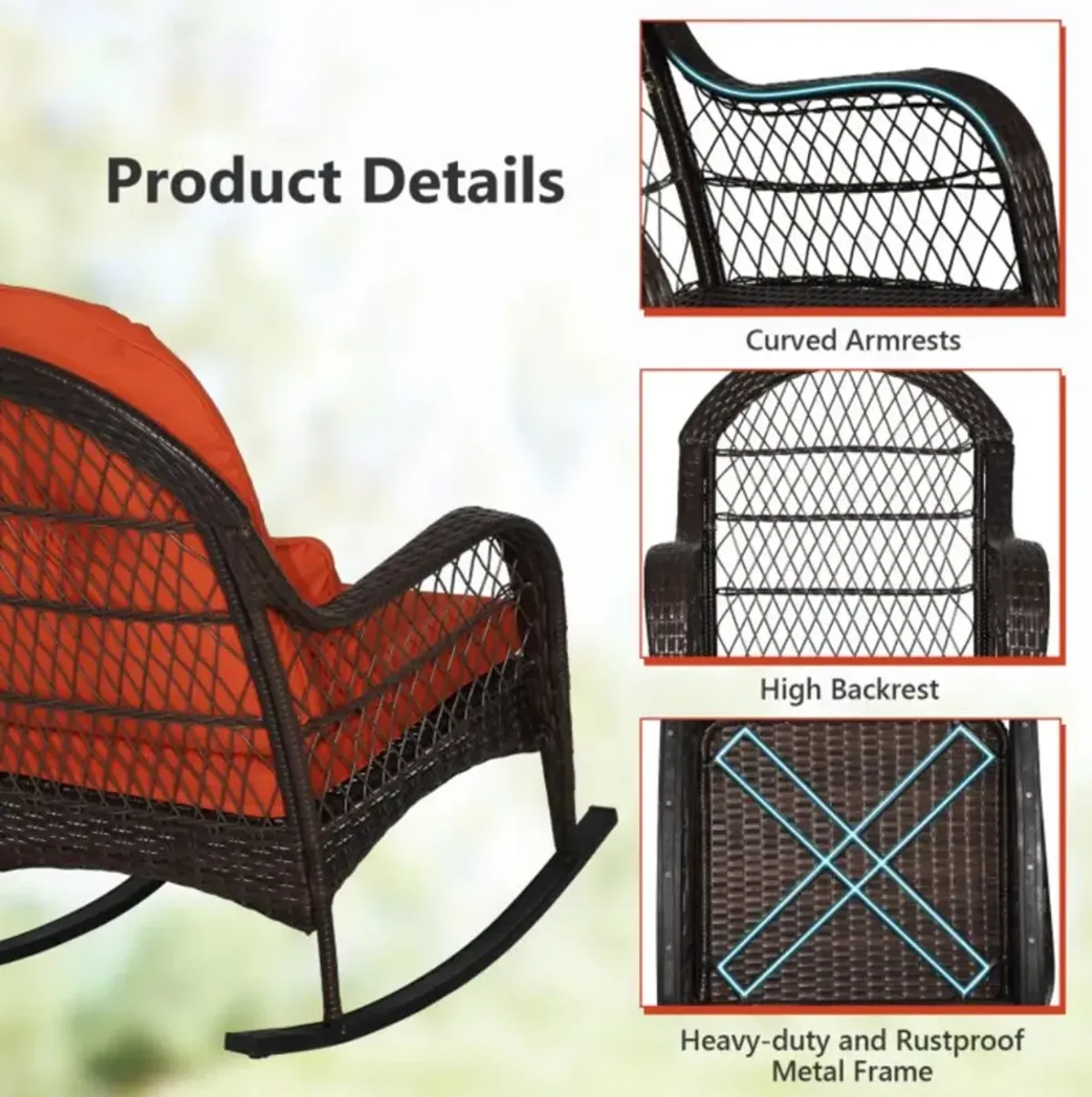 Hivvago Patio Rattan Rocking Chair with Seat Back Cushions and Waist Pillow