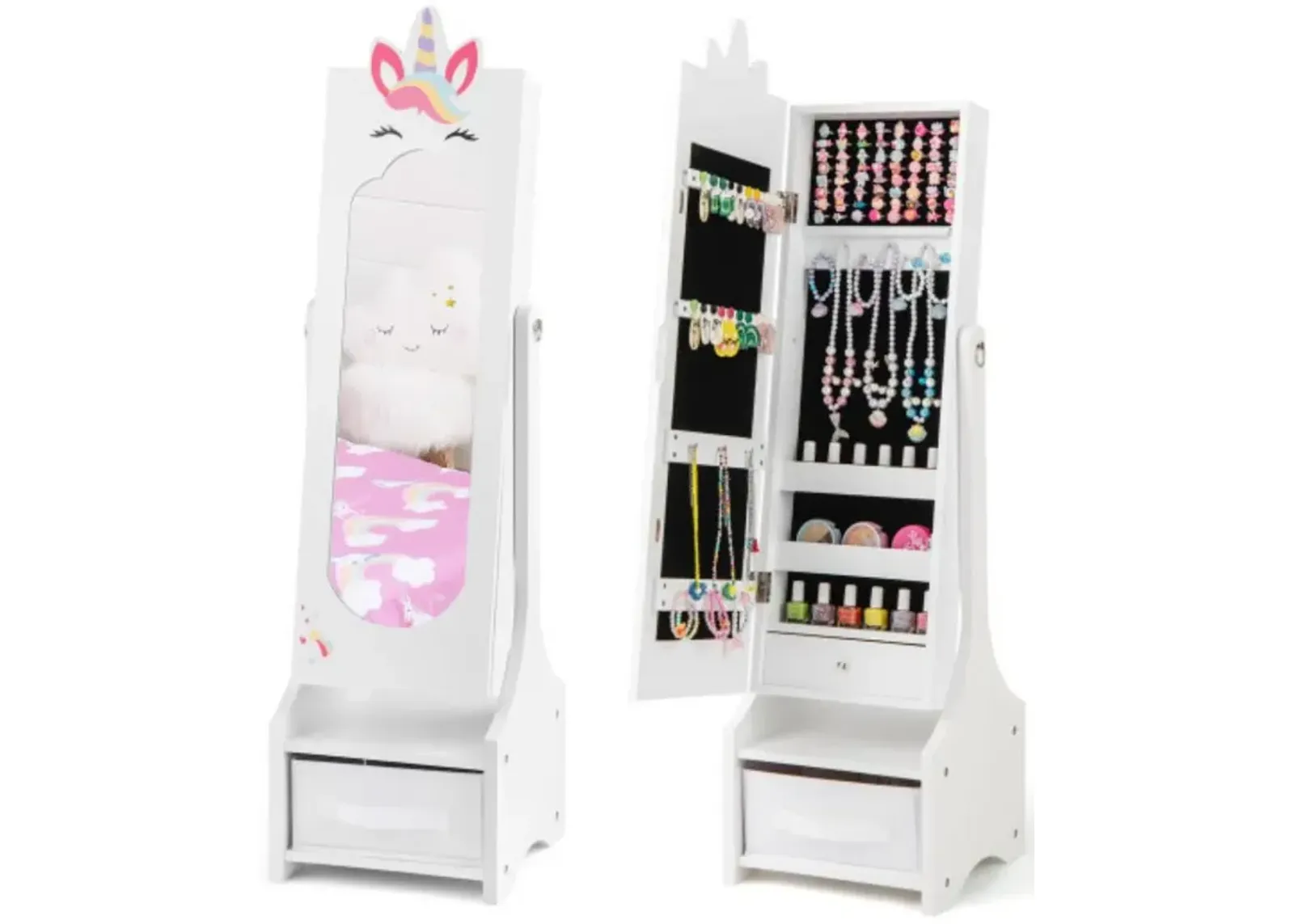 Kids Jewelry Cabinet with Full-Length Mirror for Kids Bedroom and Playroom