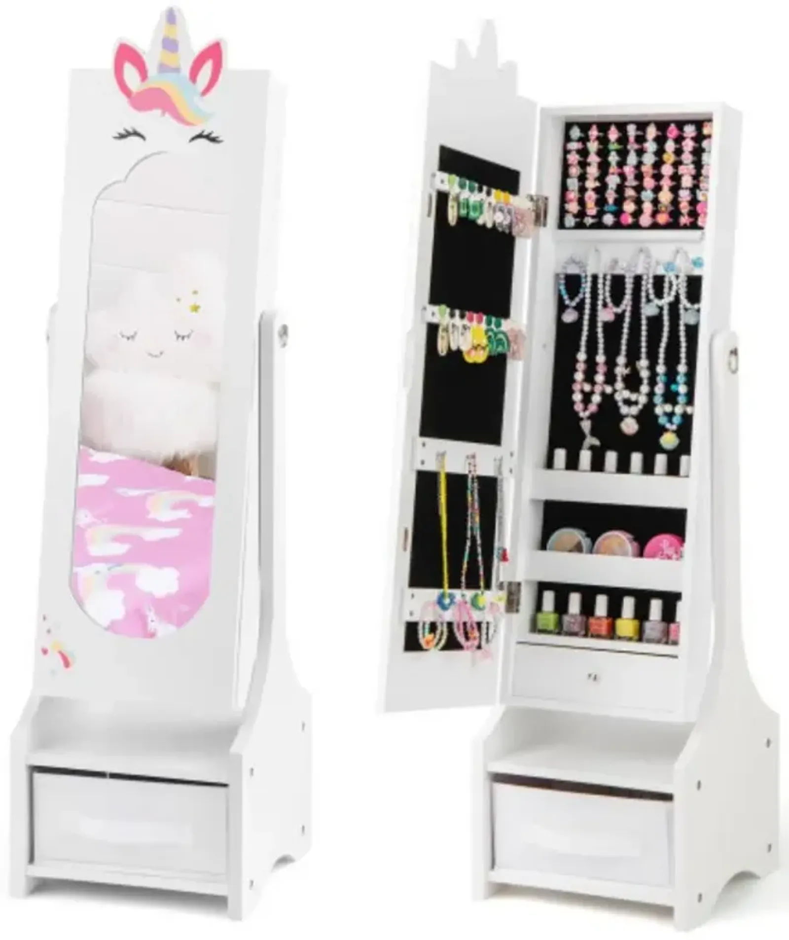 Kids Jewelry Cabinet with Full-Length Mirror for Kids Bedroom and Playroom