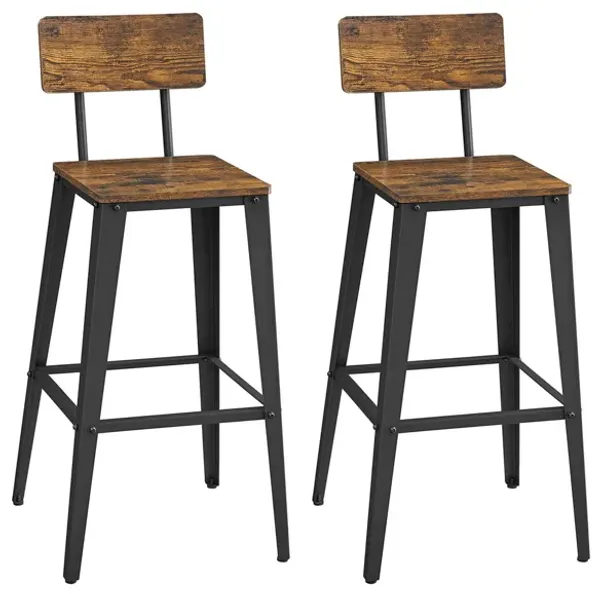 29 Inch Industrial Barstool Chair Set of 2, Panel Back, Brown, Black Steel - Benzara
