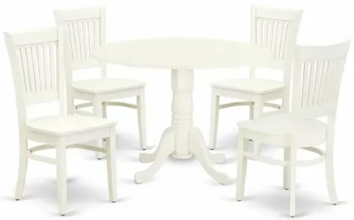 East West Furniture - DLVA5-LWH-W - 5-Pc Dinette Room Set- 4 Dining Room Chairs with Wooden Seat and Slatted Chair Back - Drop Leaves Dining Table - Linen White Finish