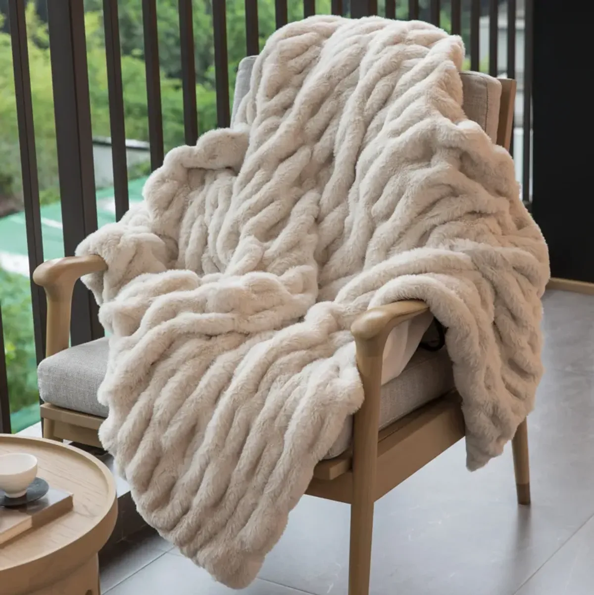 50 in. x 60 in. Rached Faux Fur Cozy Throw Blanket - Decorative Plush Blanket for Sofa and Bed, Soft and Comfortable Home Accent, Stylish Living Room and Bedroom Decor, Warm Winter Blanket, Cream