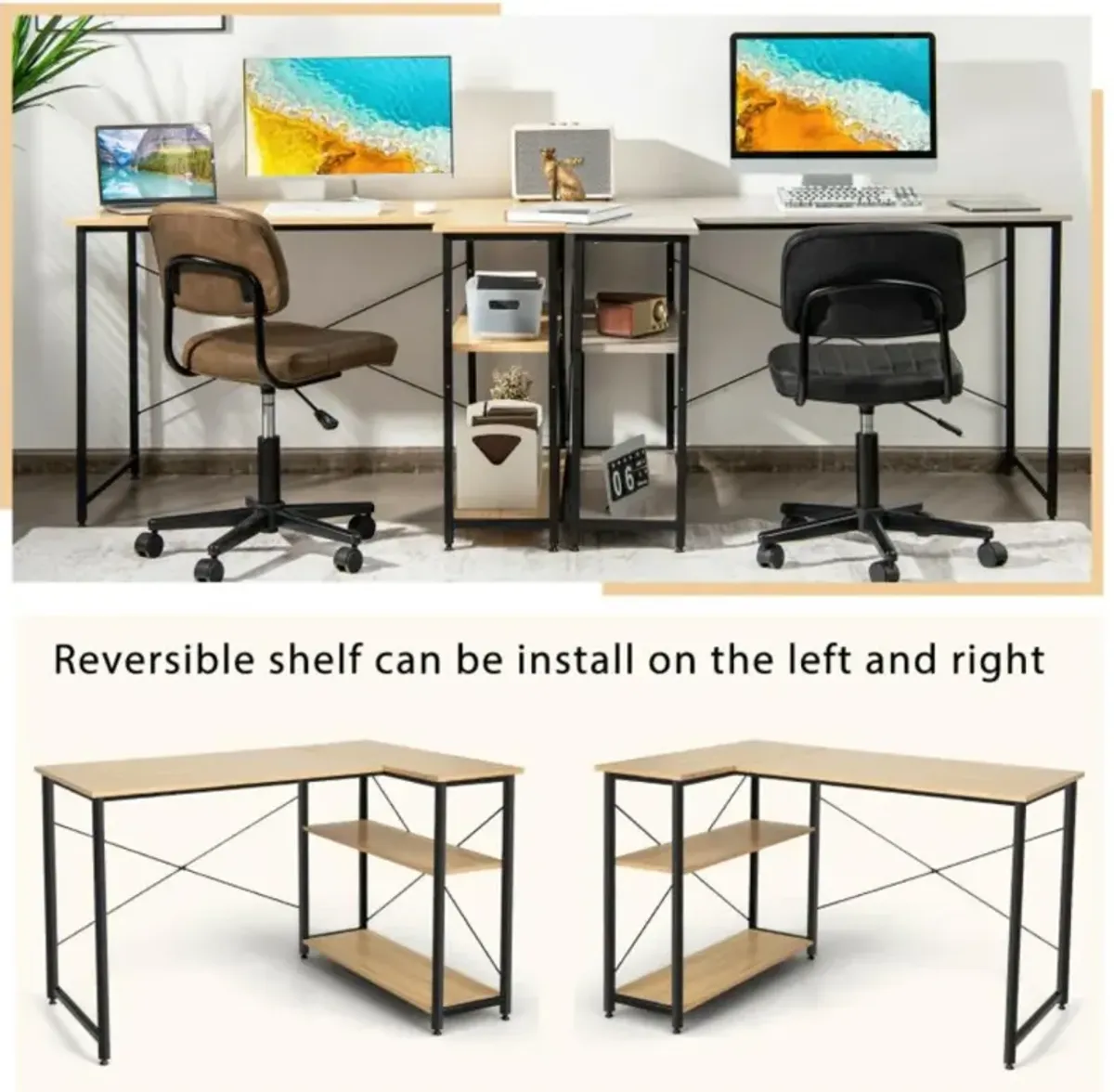 Hivvago 48 Inch Reversible L Shaped Computer Desk with Adjustable Shelf