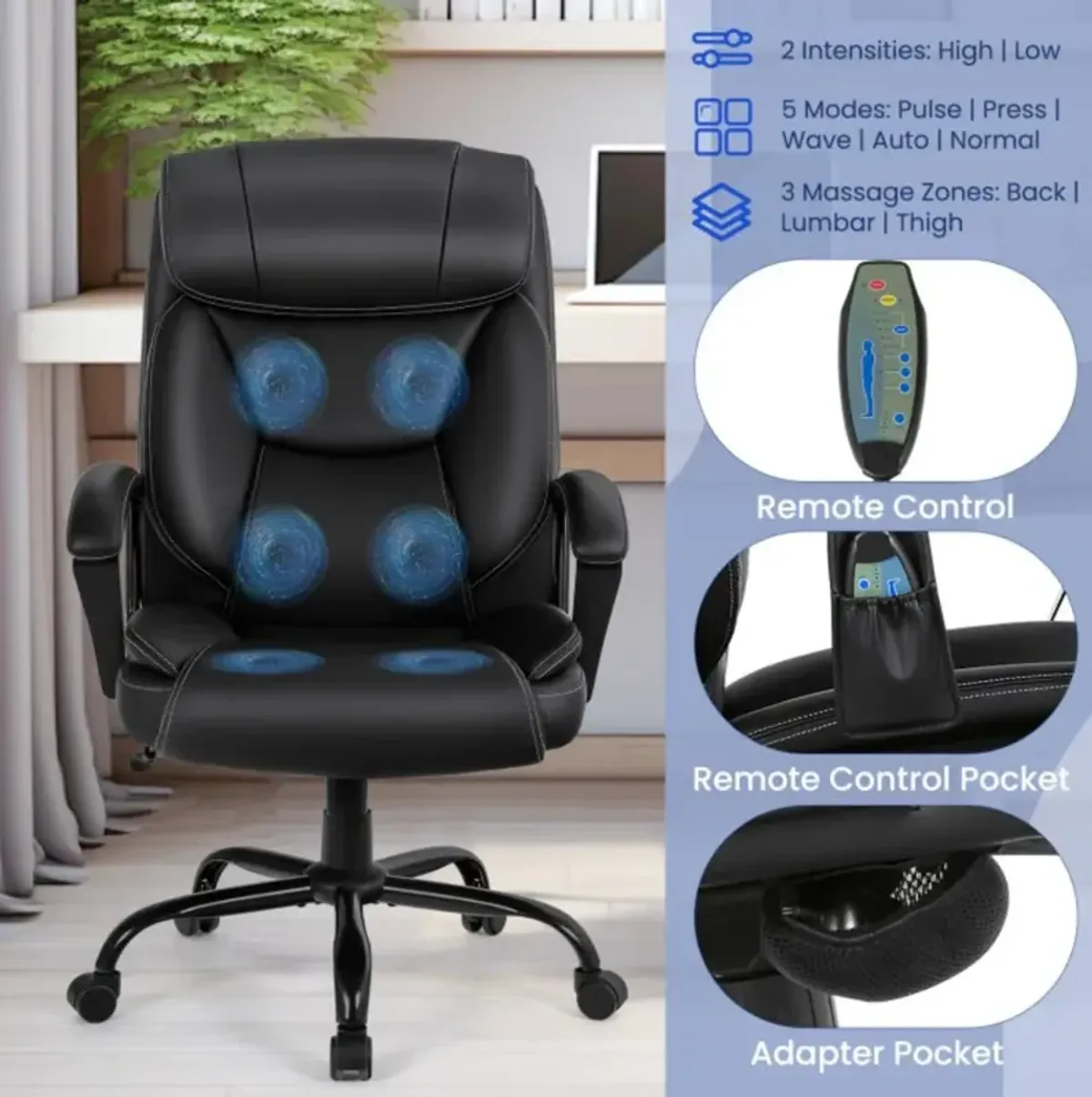 Hivvago Massage Executive Office Chair with 6 Vibrating Points-Black